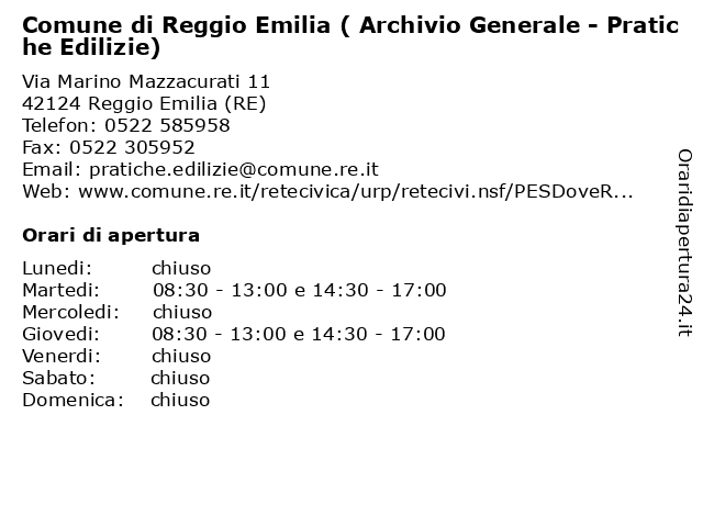 Orari di apertura Comune di Reggio Emilia Archivio Generale